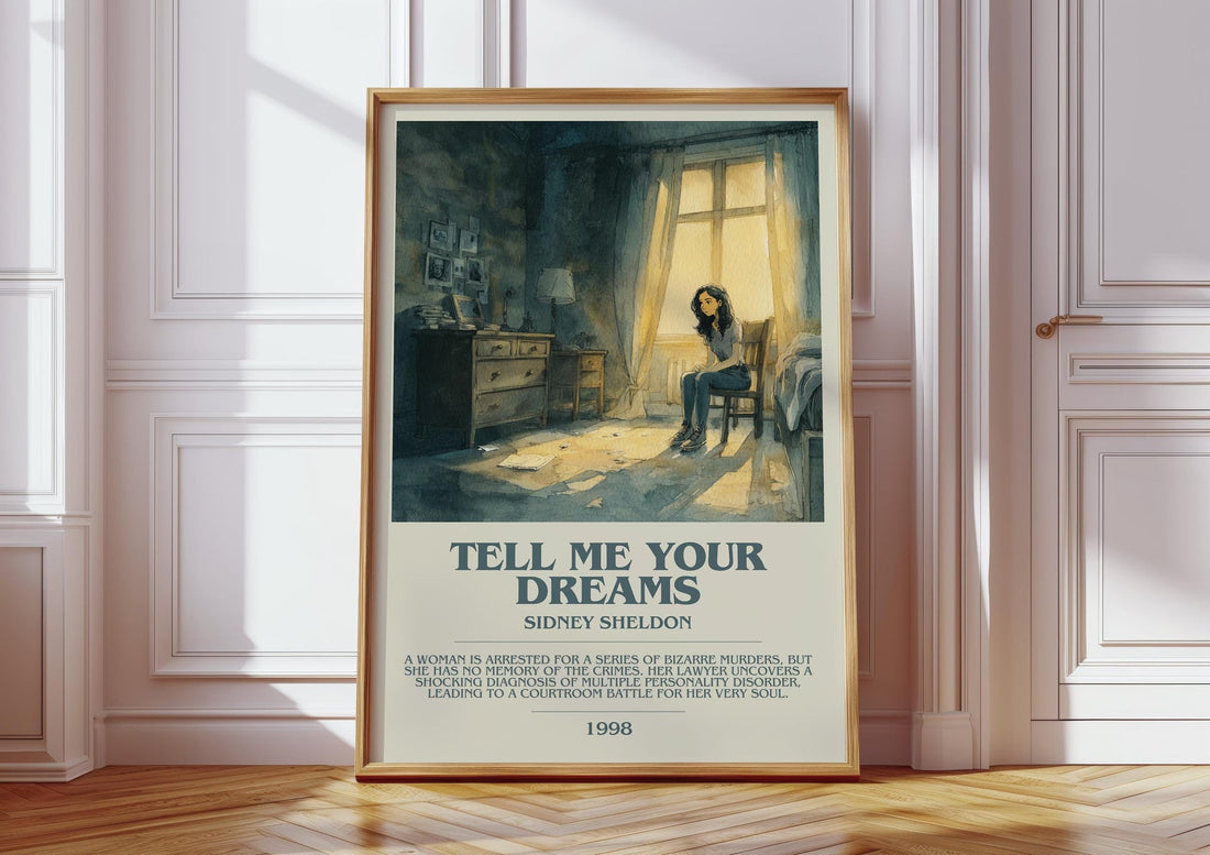 Tell Me Your Dreams bookish print in frame leaning in hallway – thriller wall art (mockup)