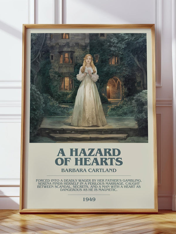 A Hazard of Hearts bookish print in frame leaning in hallway – romance wall art