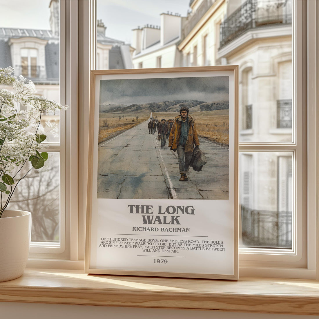 The Long Walk bookish print framed by window – literary home decor (mockup)
