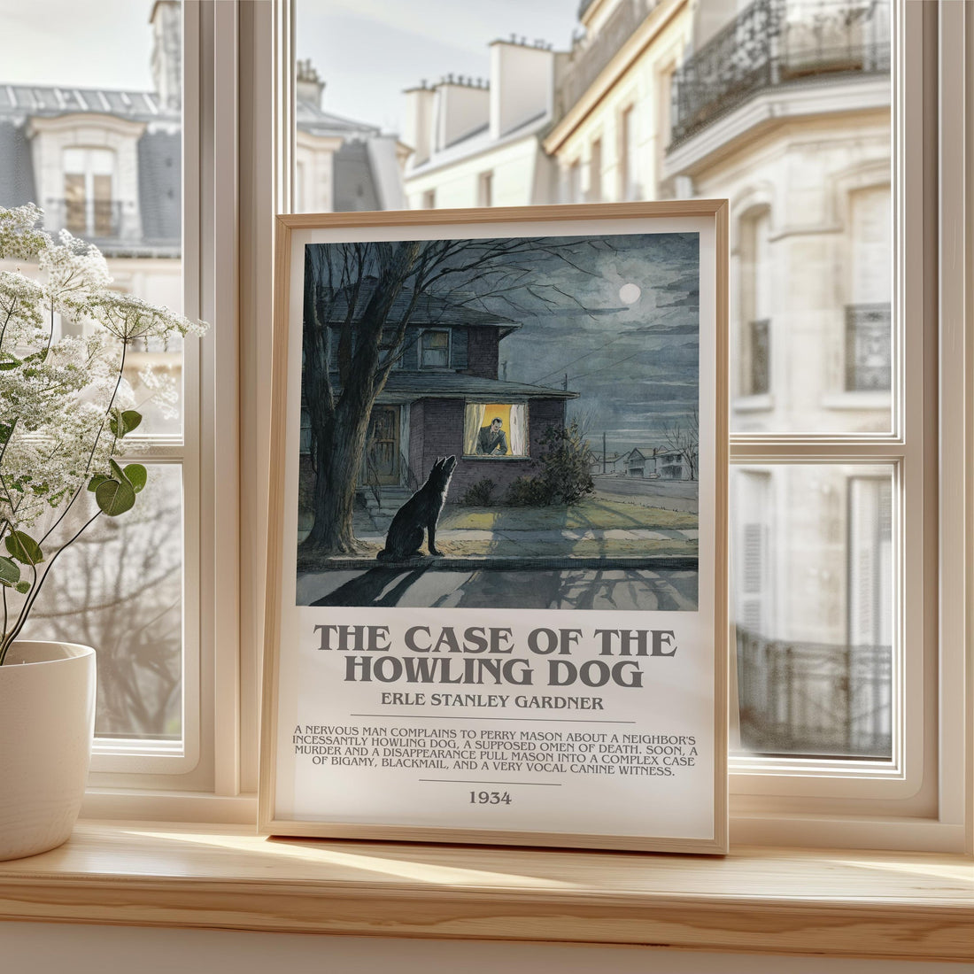 The Case of the Howling Dog bookish print framed by window – literary home decor (mockup)