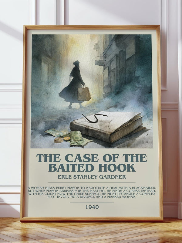 The Case of the Baited Hook bookish print in frame leaning in hallway – mystery wall art