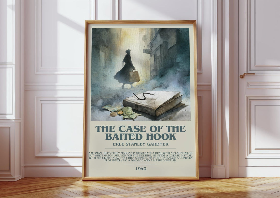 The Case of the Baited Hook bookish print in frame leaning in hallway – mystery wall art (mockup)