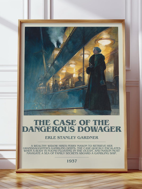 The Case Of The Dangerous Dowager bookish print in frame leaning in hallway – mystery wall art