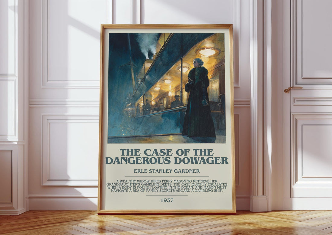 The Case Of The Dangerous Dowager bookish print in frame leaning in hallway – mystery wall art (mockup)