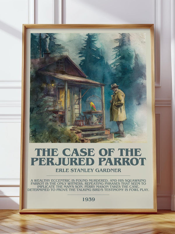 The Case Of The Perjured Parrot bookish print in frame leaning in hallway – mystery wall art