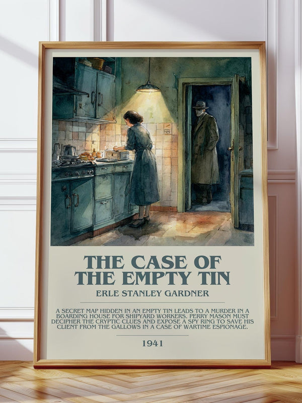 The Case of the Empty Tin bookish print in frame leaning in hallway – mystery wall art