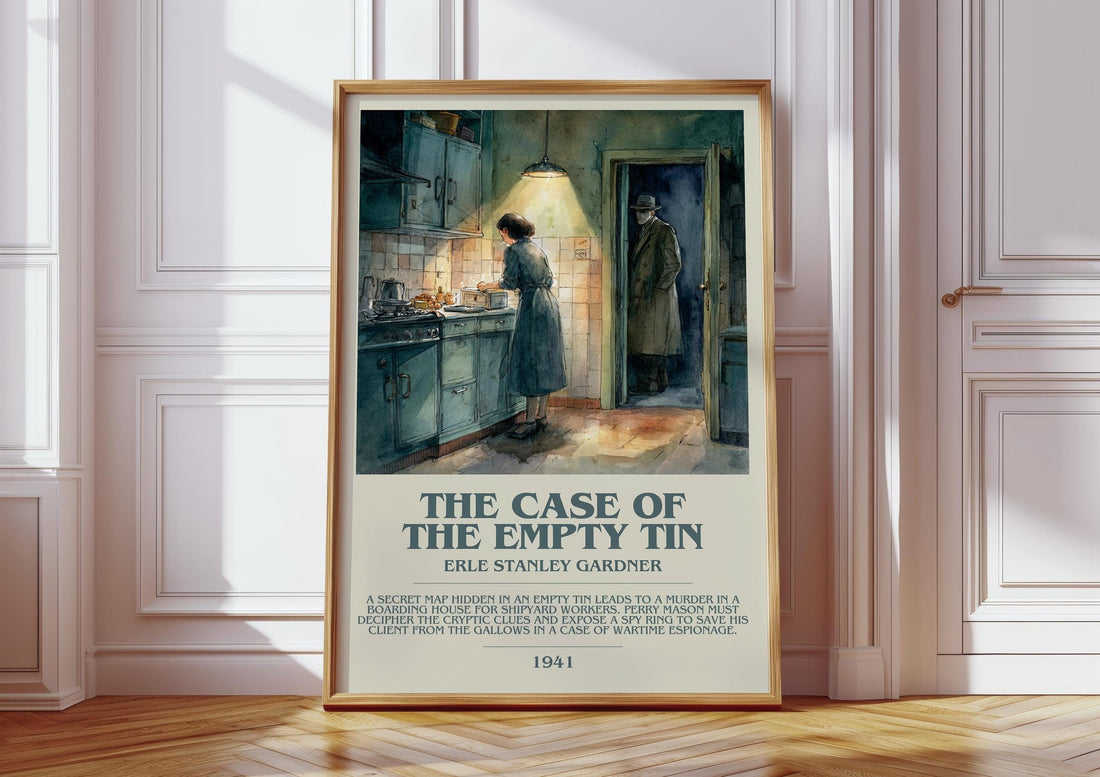 The Case of the Empty Tin bookish print in frame leaning in hallway – mystery wall art (mockup)