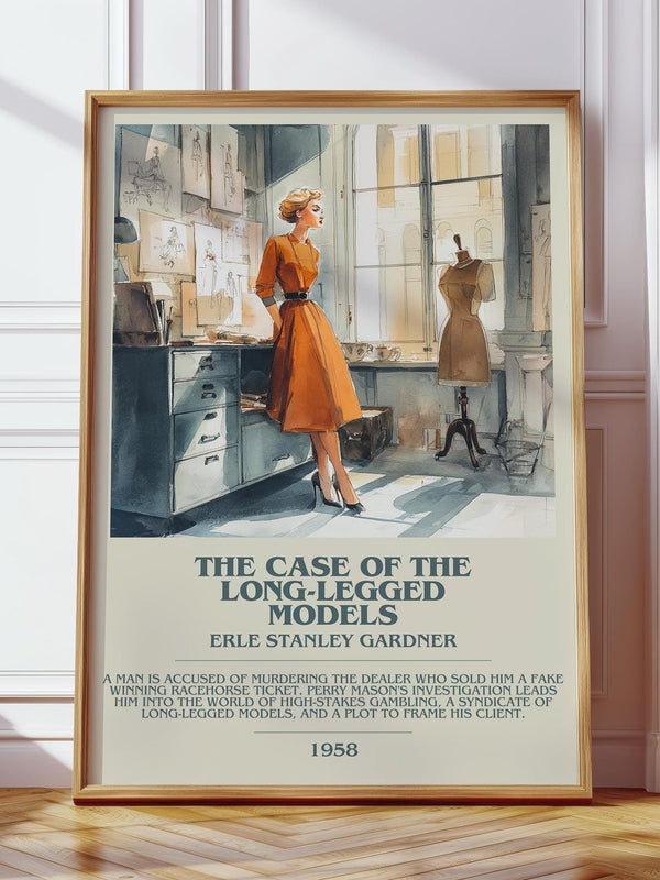 The Case of the Long-legged Models bookish print in frame leaning in hallway – mystery wall art