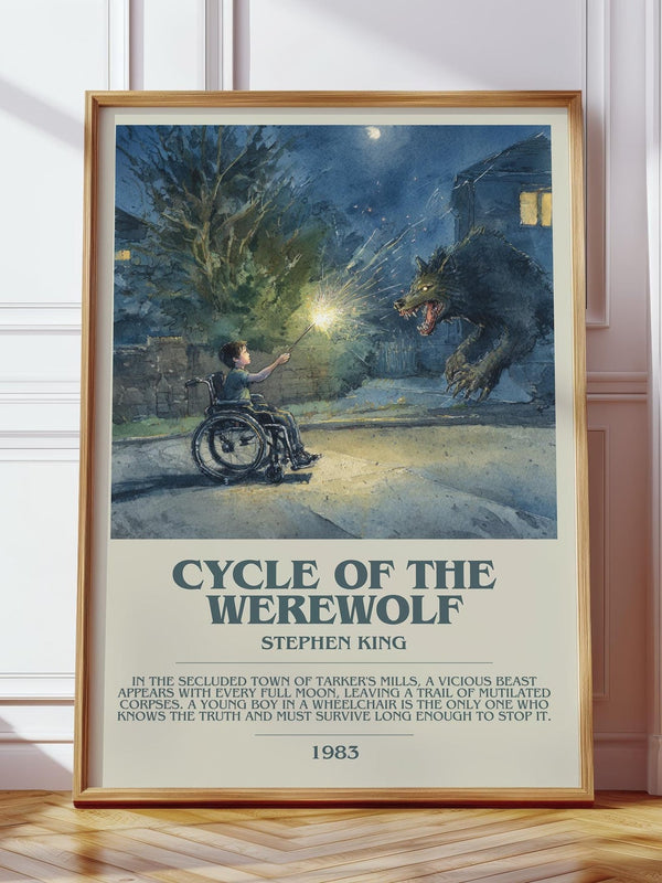 Cycle of the Werewolf bookish print in frame leaning in hallway – horror wall art