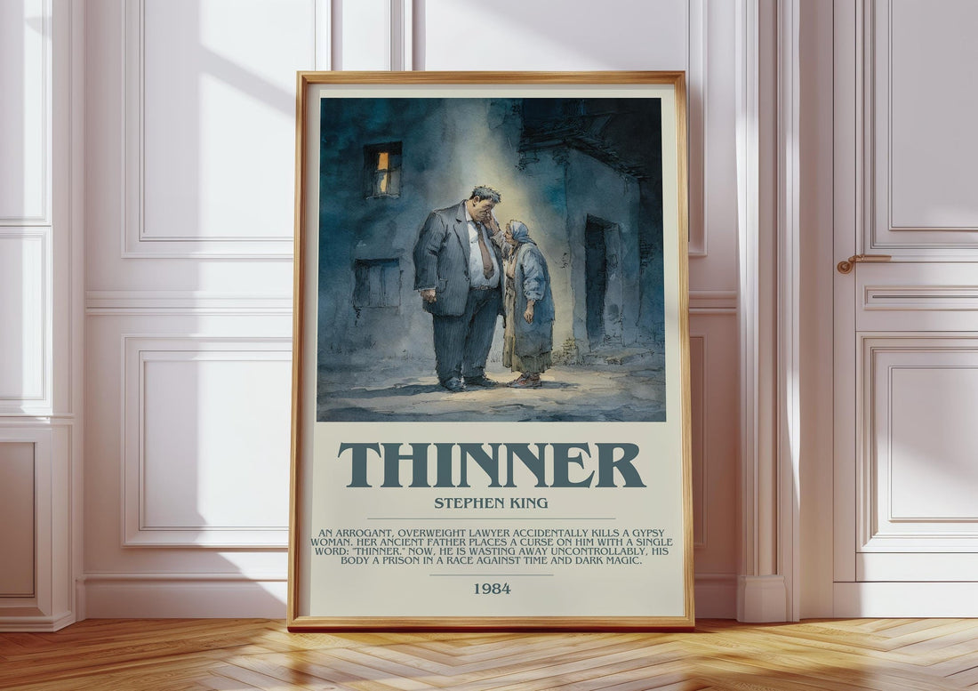 Thinner bookish print in frame leaning in hallway – horror wall art (mockup)
