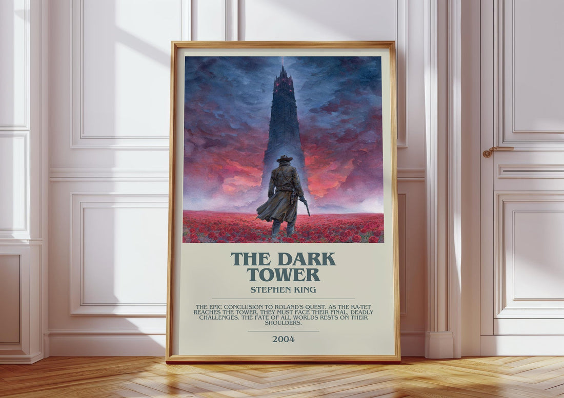 The Dark Tower bookish print in frame leaning in hallway – fantasy wall art (mockup)
