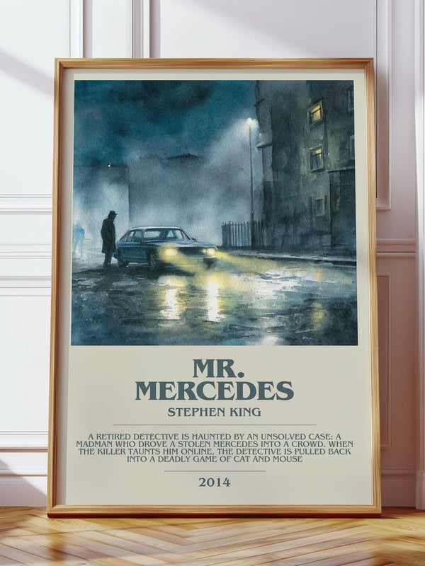 Mr. Mercedes bookish print in frame leaning in hallway – crime wall art