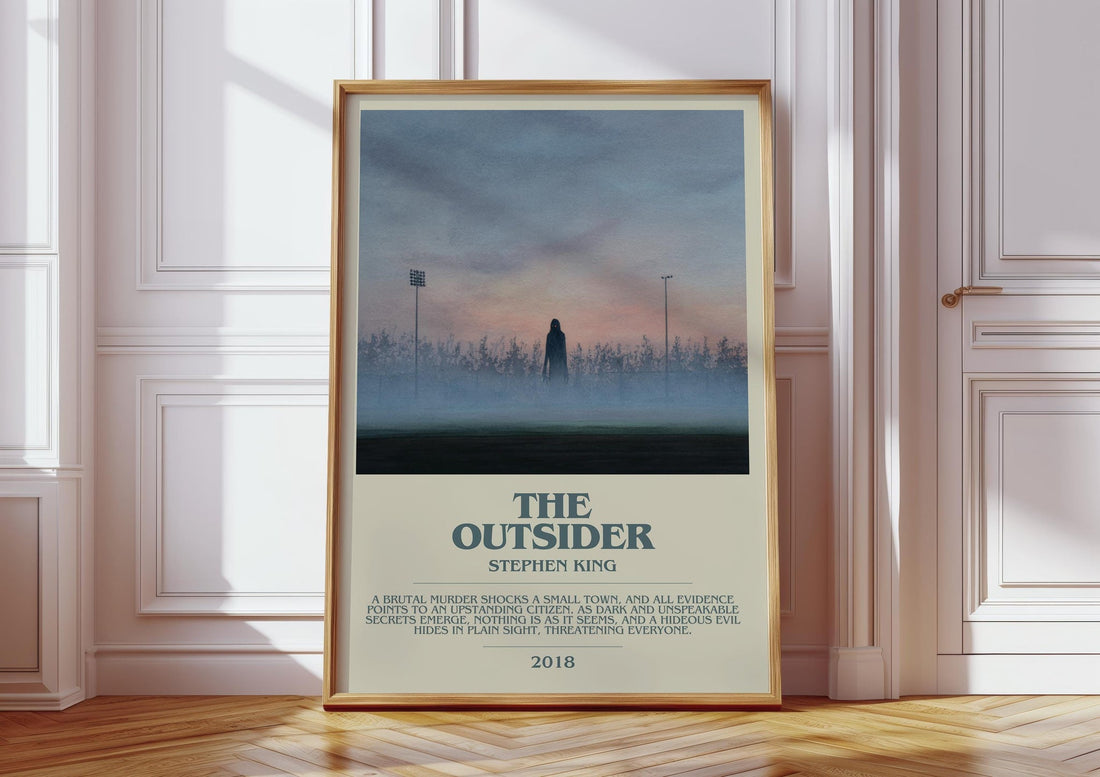 The Outsider bookish print in frame leaning in hallway – horror wall art (mockup)