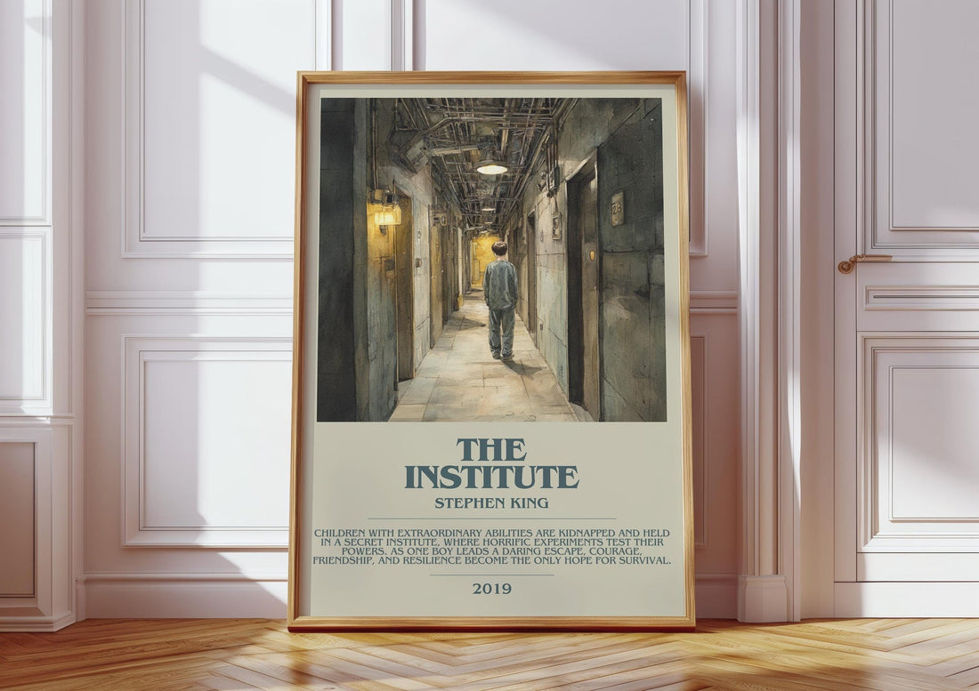 The Institute bookish print in frame leaning in hallway – horror wall art (mockup)