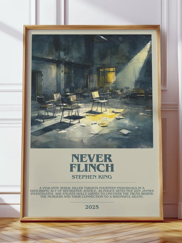 Never Flinch bookish print in frame leaning in hallway – thriller wall art