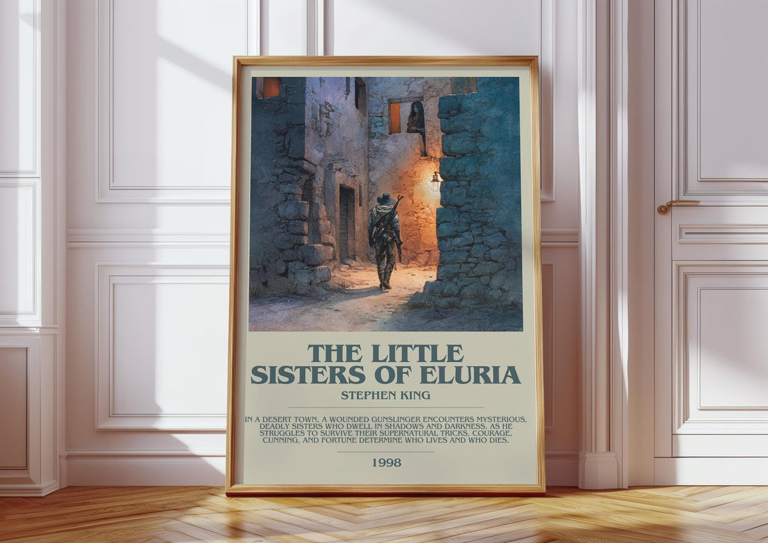 The Little Sisters Of Eluria bookish print in frame leaning in hallway – horror wall art (mockup)