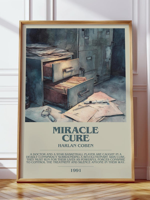 Miracle Cure bookish print in frame leaning in hallway – thriller wall art