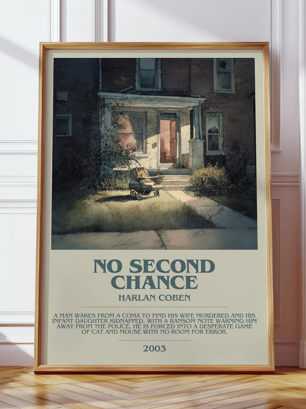 No Second Chance bookish print in frame leaning in hallway – thriller wall art