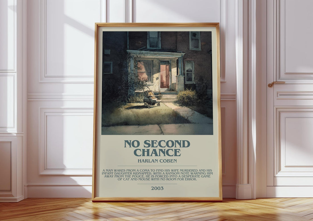 No Second Chance bookish print in frame leaning in hallway – thriller wall art (mockup)