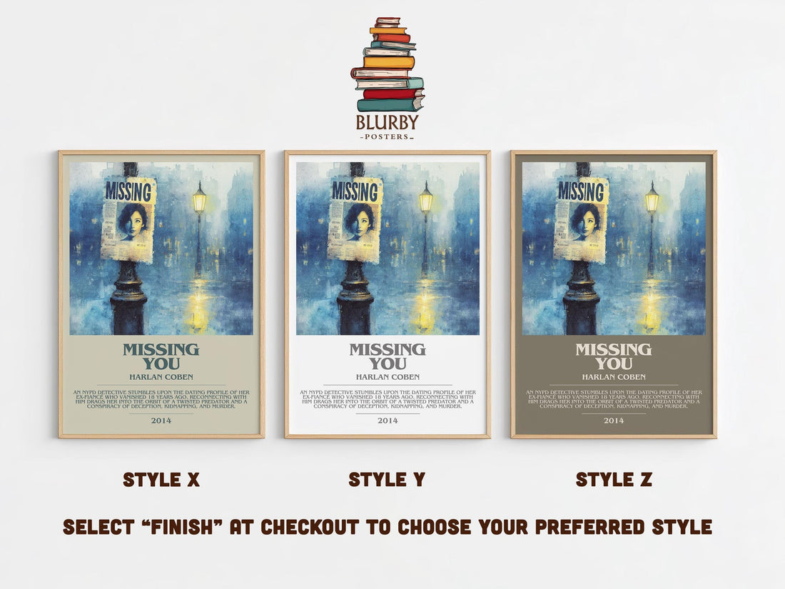 Missing You bookish poster colour and style options – Harlan Coben book art (mockup)