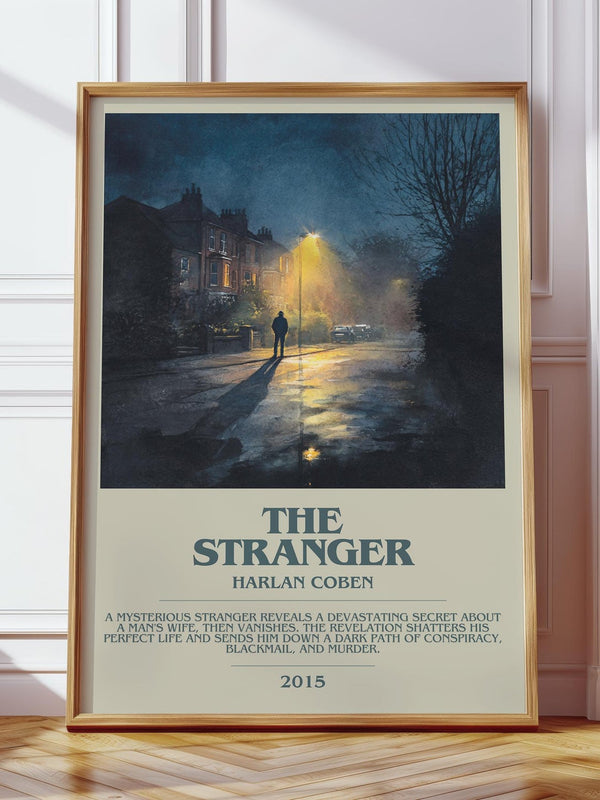 The Stranger bookish print in frame leaning in hallway – thriller wall art