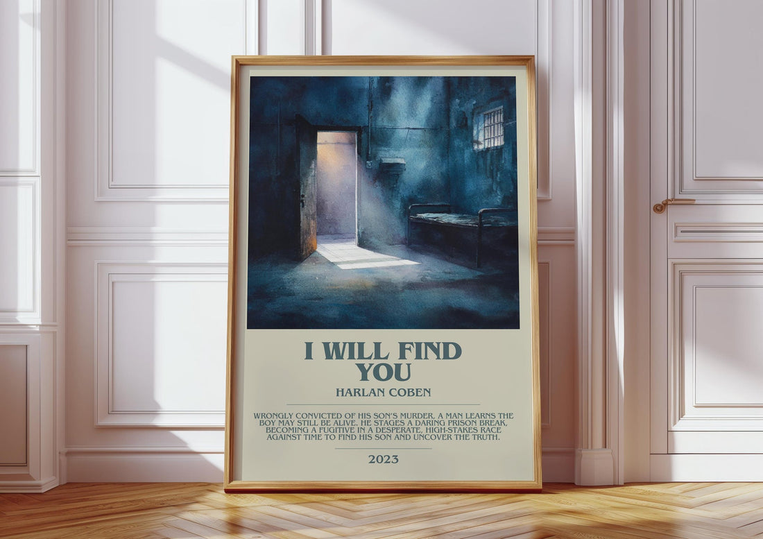 I Will Find You bookish print in frame leaning in hallway – thriller wall art (mockup)
