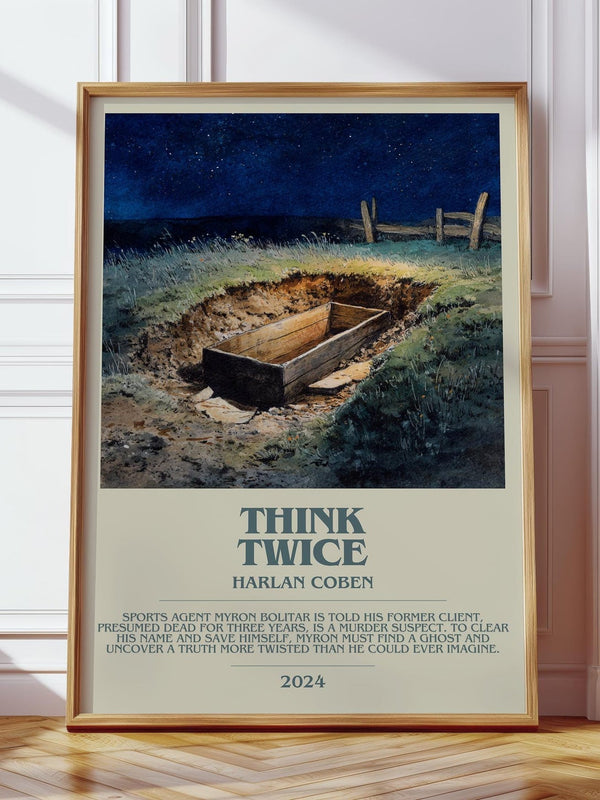 Think Twice bookish print in frame leaning in hallway – thriller wall art