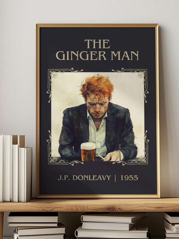 The Ginger Man classic book art print in frame leaning in hallway – coming of age wall art