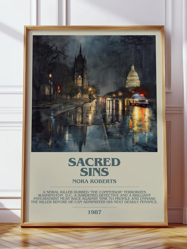 Sacred Sins bookish print in frame leaning in hallway – thriller wall art