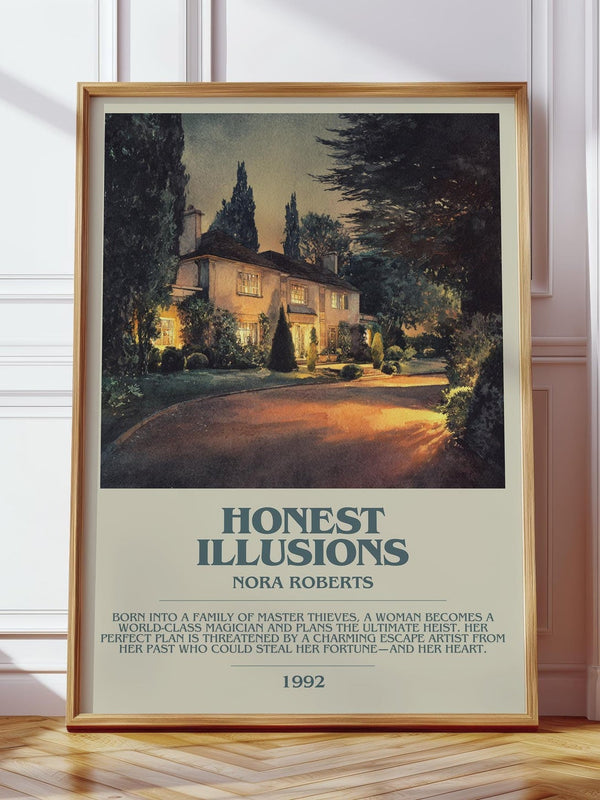 Honest Illusions bookish print in frame leaning in hallway – romance wall art