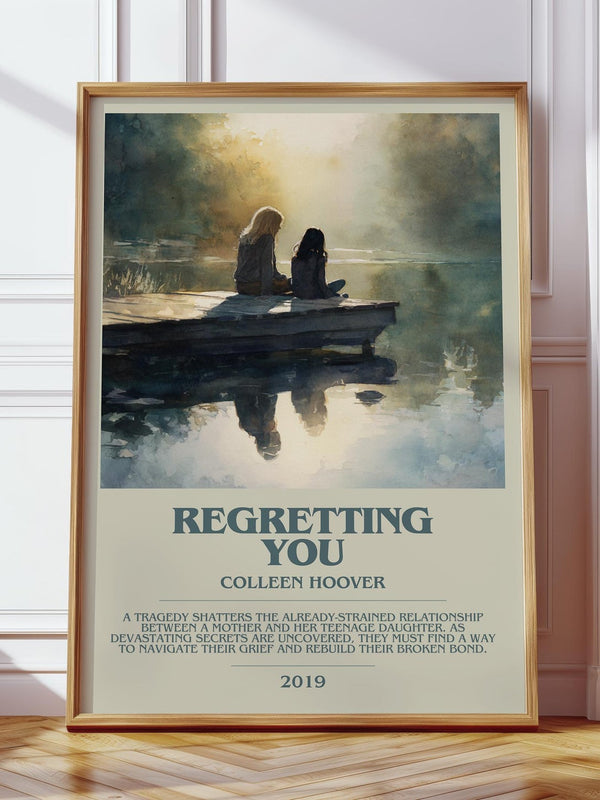 Regretting You bookish print in frame leaning in hallway – thriller wall art