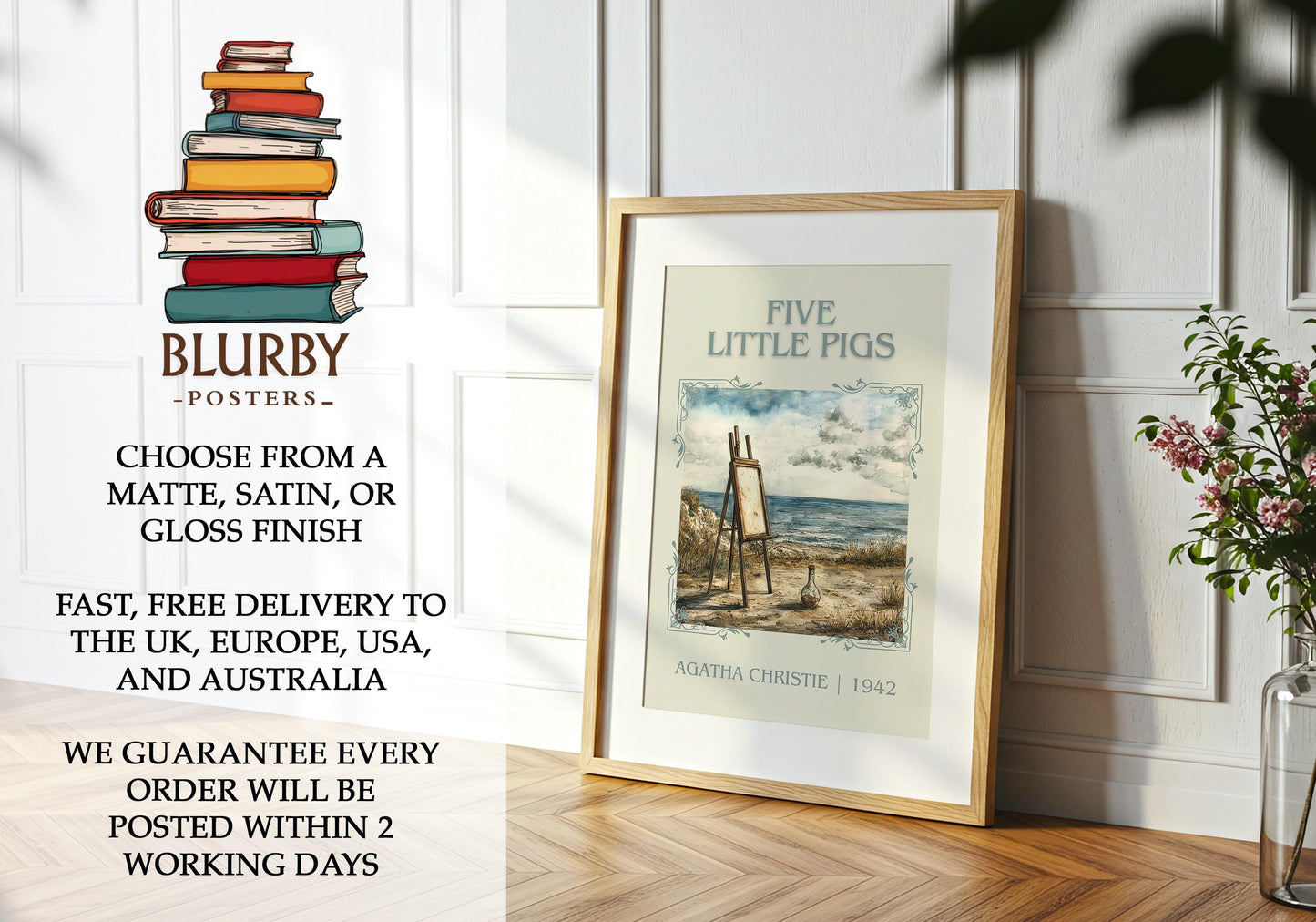Five Little Pigs book poster packaging – museum-quality print rolled in protective tube