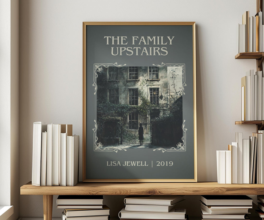 The Family Upstairs classic book art print in frame leaning in hallway – thriller wall art (mockup)