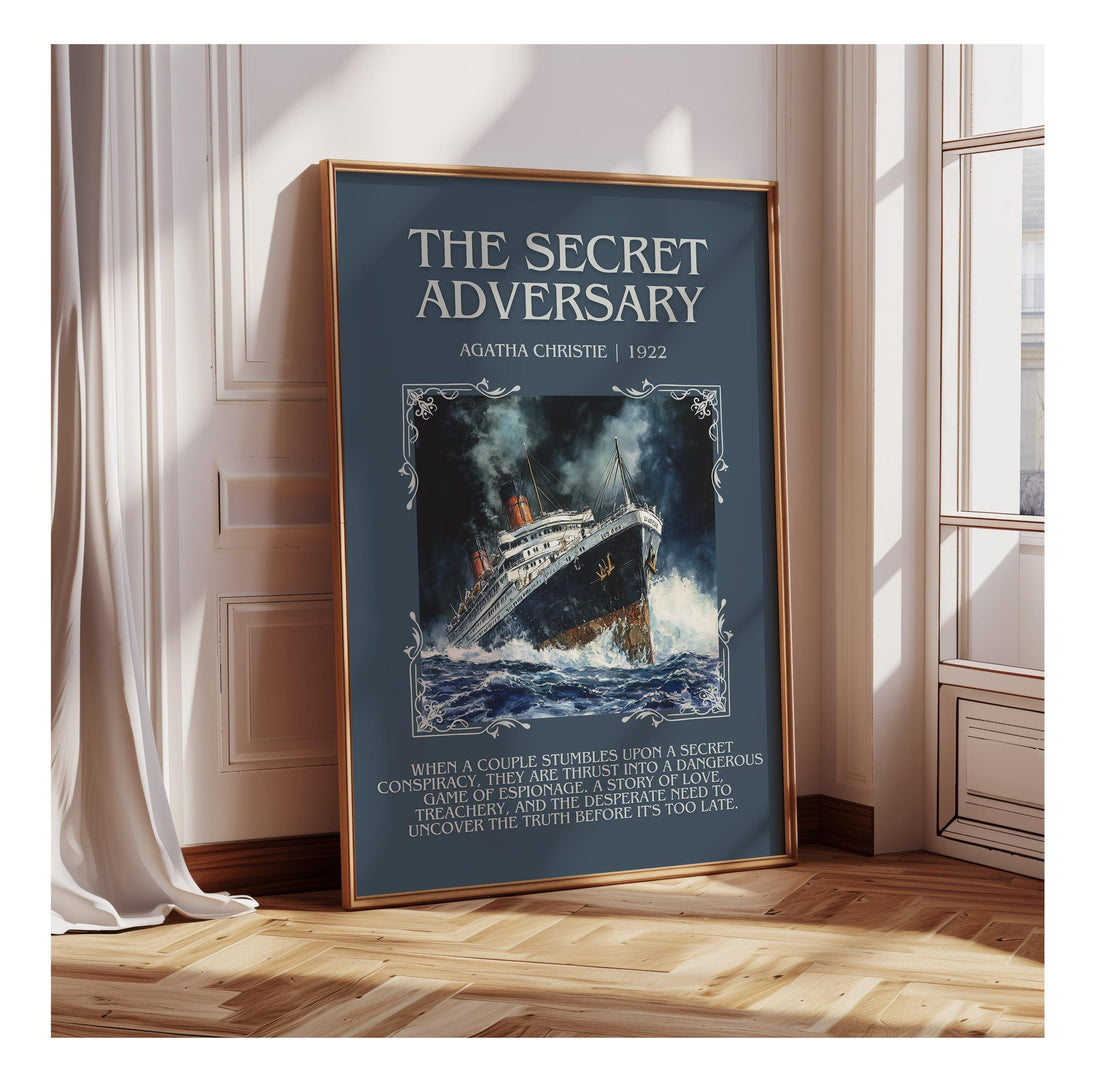 The Secret Adversary minimalist poster paper finish options – matte satin gloss (mockup)