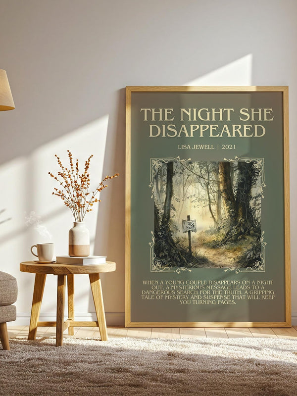The Night She Disappeared minimalist print framed by window – literary home decor