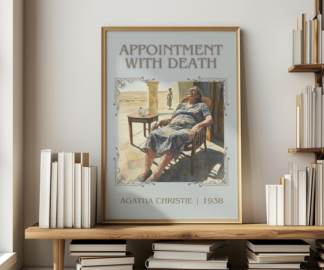 Appointment with Death classic book art print in frame leaning in hallway – mystery wall art (mockup)