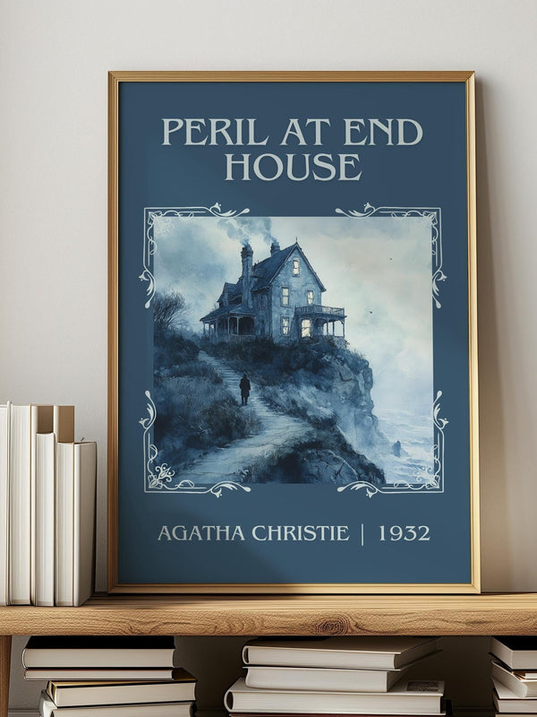 Peril at End House classic book art print in frame leaning in hallway – mystery wall art