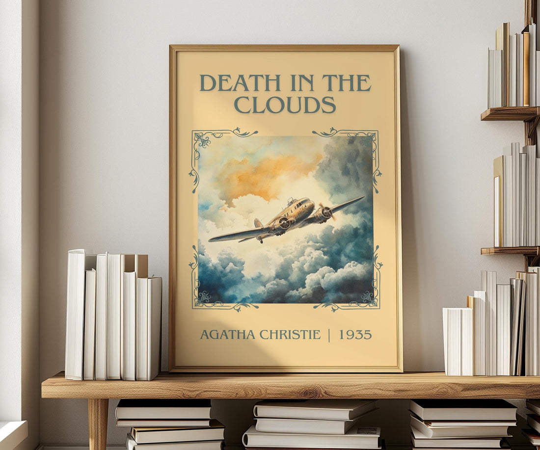 Death in the Clouds classic book art print in frame leaning in hallway – mystery wall art (mockup)