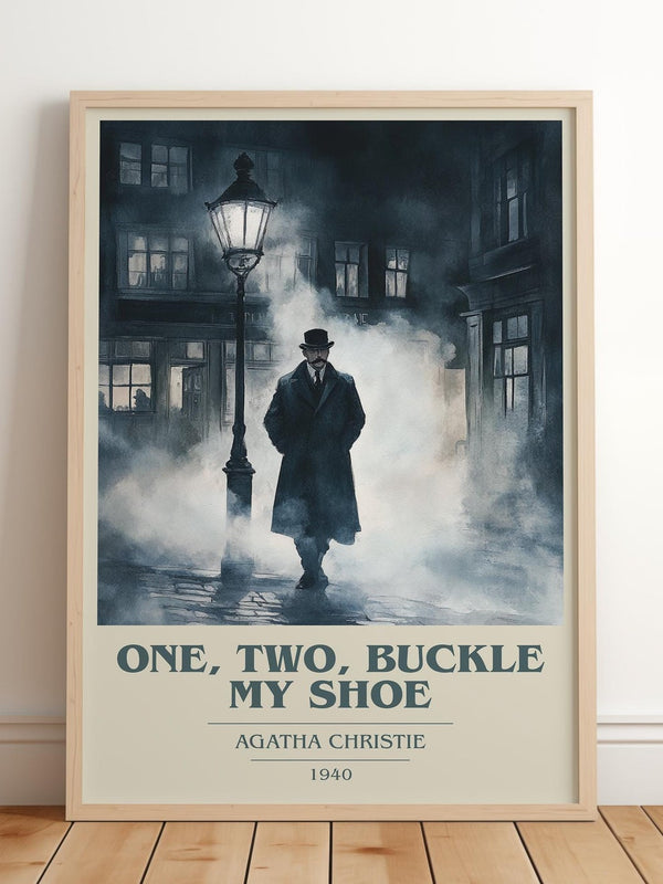 One, Two, Buckle My Shoe book cover print in frame leaning in hallway – mystery wall art
