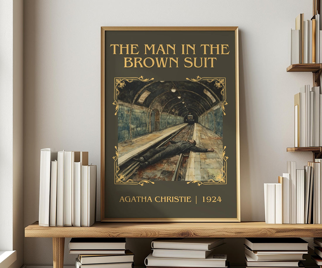 The Man in the Brown Suit classic book art print in frame leaning in hallway – mystery wall art (mockup)