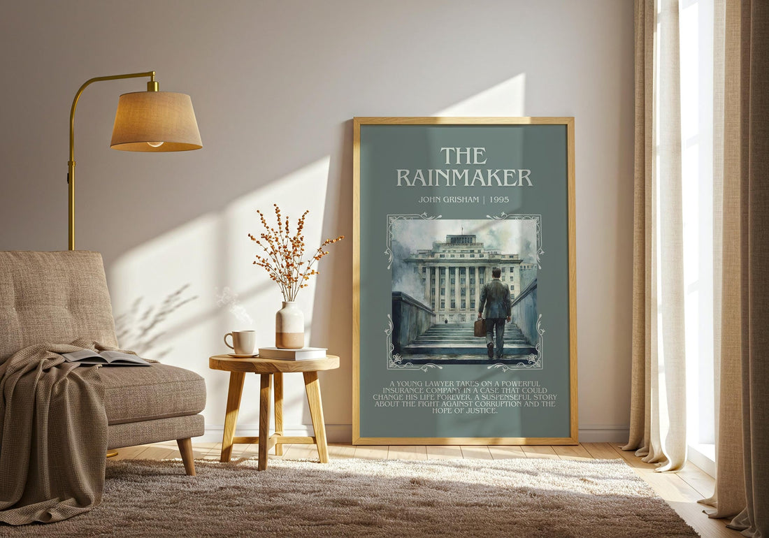 The Rainmaker minimalist print framed by window – literary home decor