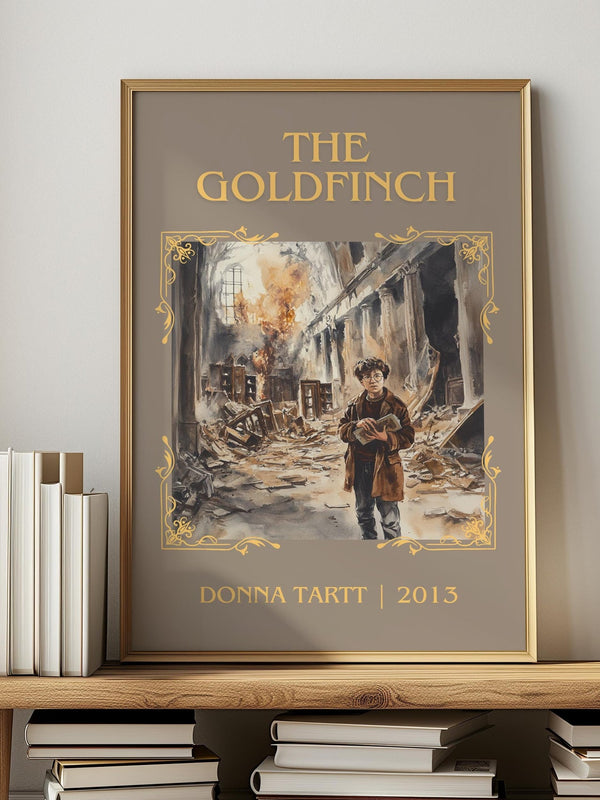 The Goldfinch classic book art print in frame leaning in hallway – coming of age wall art