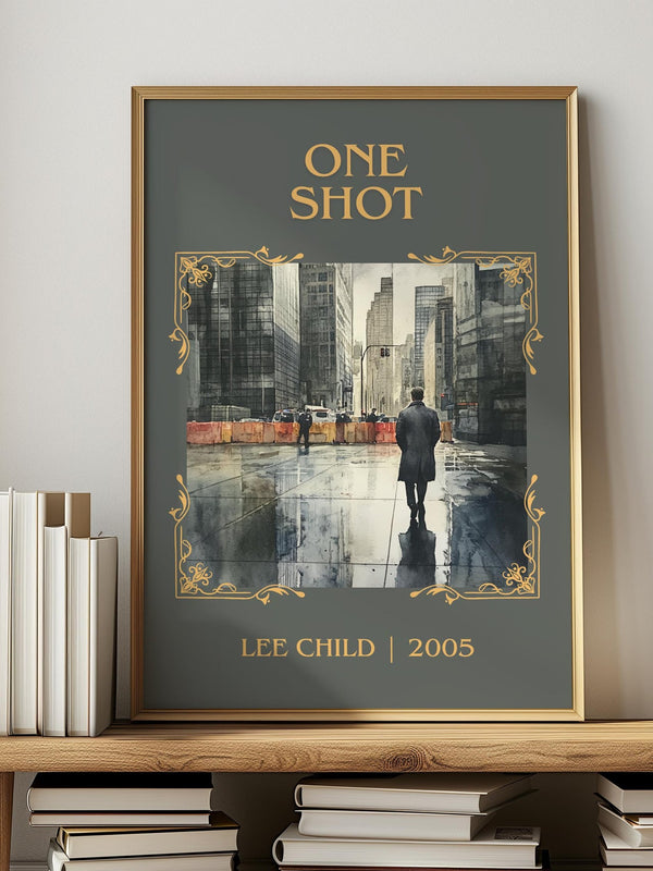 One Shot classic book art print in frame leaning in hallway – thriller wall art