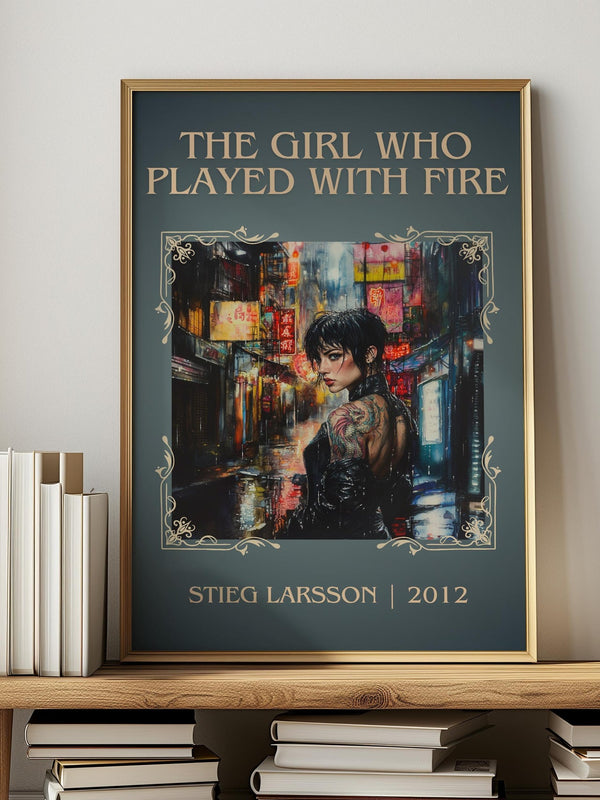 The Girl Who Played with Fire classic book art print in frame leaning in hallway – crime wall art