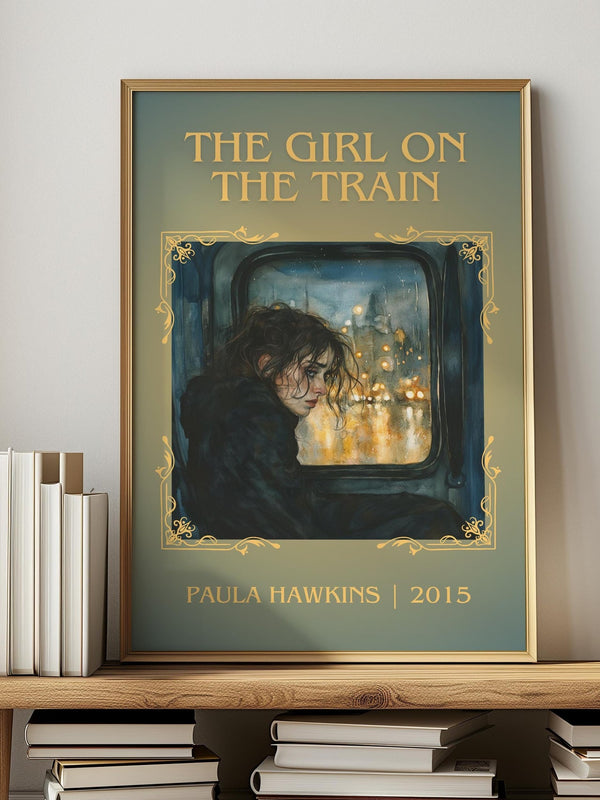 The Girl on the Train classic book art print in frame leaning in hallway – thriller wall art