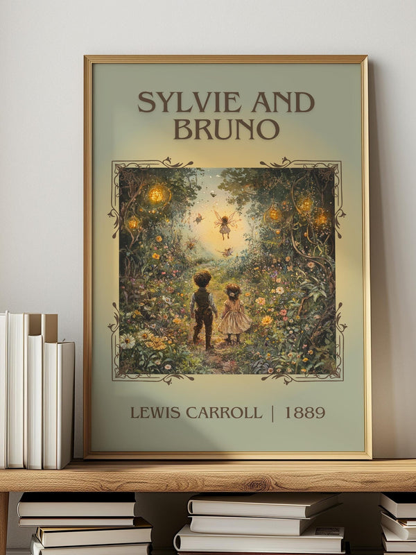 Sylvie and Bruno classic book art print in frame leaning in hallway – fantasy wall art