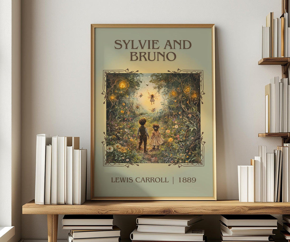 Sylvie and Bruno classic book art print in frame leaning in hallway – fantasy wall art (mockup)