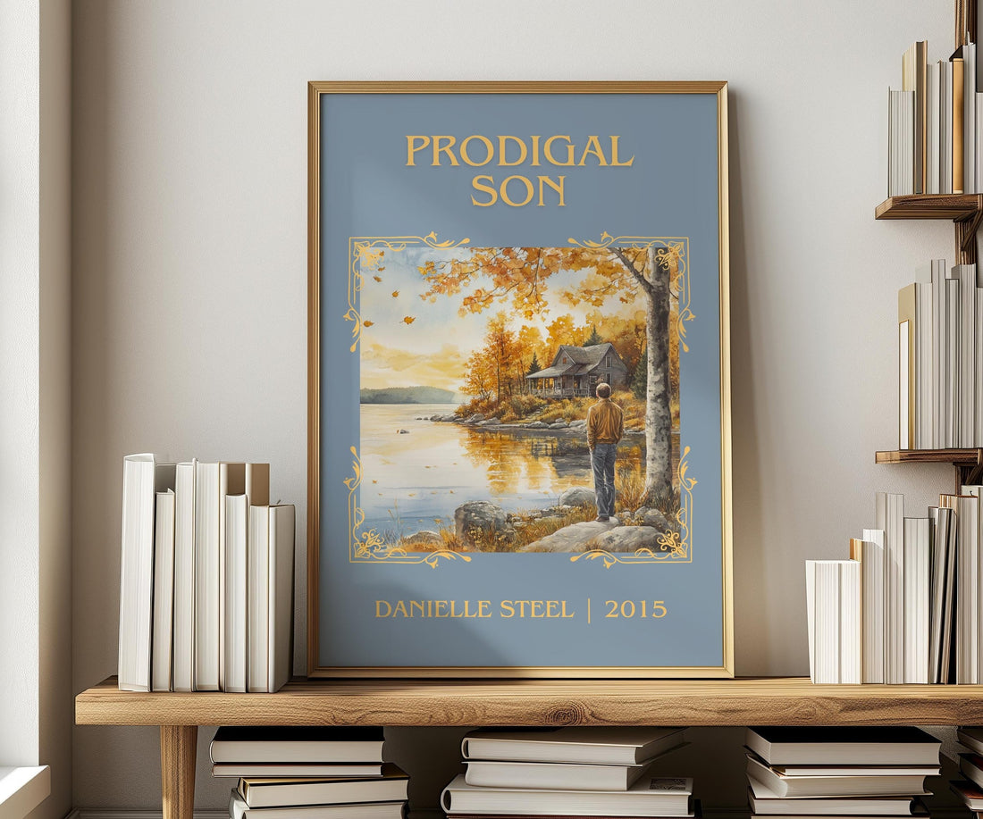 Prodigal Son classic book art print in frame leaning in hallway – romance wall art (mockup)