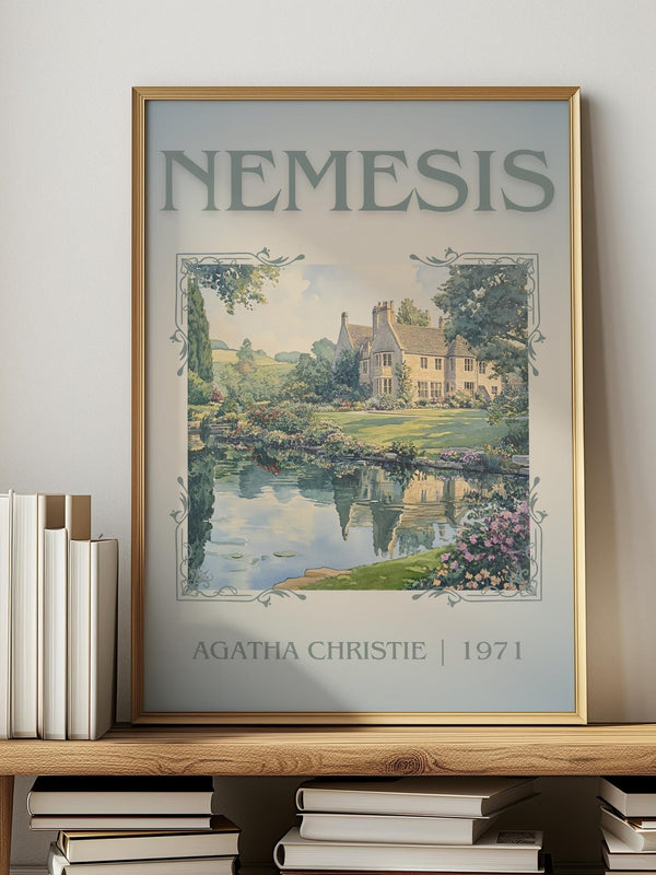 Nemesis classic book art print in frame leaning in hallway – mystery wall art