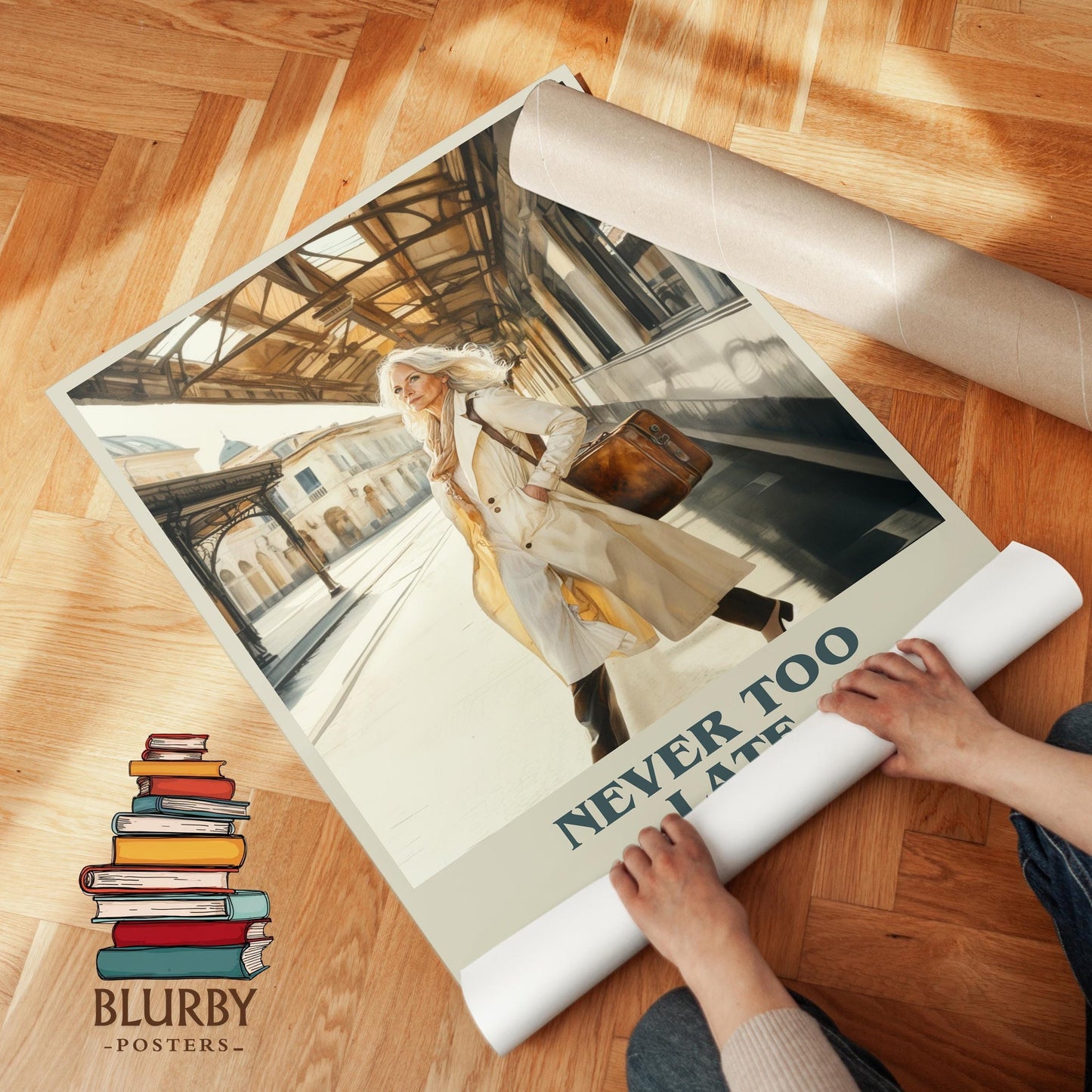 Never Too Late book poster packaging – museum-quality print rolled in protective tube